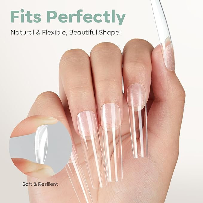 modelones Long Square Nail Tips, 3XXXL Straight Pre-shaped Soft Gel Tips Fake Nails False Acrylic Clear Full Cover Press on Extension Kit Gel Manicure DIY at Home 216PCS 12Sizes