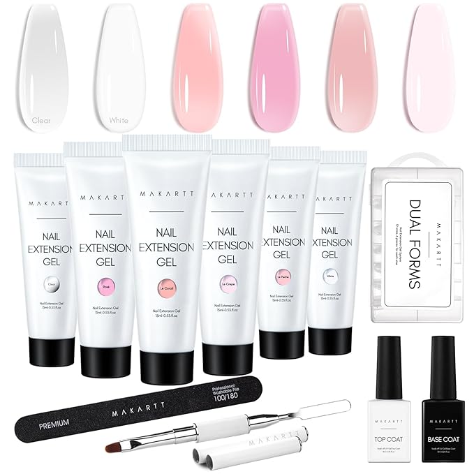 Makartt Poly Nail Gel Kit, 6 Pcs Clear Pink White Colors Builder for Extension Set, Long Lasting Hard Gel for Nails Strengther, All in One Nail Thickening Solution Kit Salon Home French Manicure