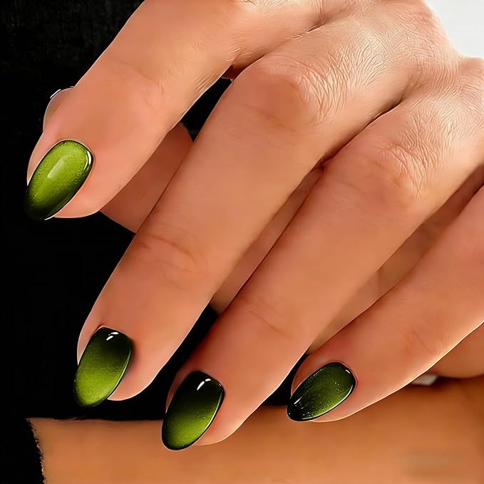 Cat Eye Press on Nails Short, Chrome Press on Nails Oval, Thick Glazed Black Neon Green Fake Nails Press ons for Women Party Prom, Reusable Glitter Glue On Nails Almond in 15 Sizes, 30 Pcs