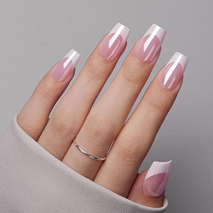 VSALON Press on Nails Short Coffin - Pink French Tips Glazed Chrome Fake Nails Kit, Long-Lasting & Reusable Opaque Soft Gel Spring Nails with Glue & Cuticle Oil