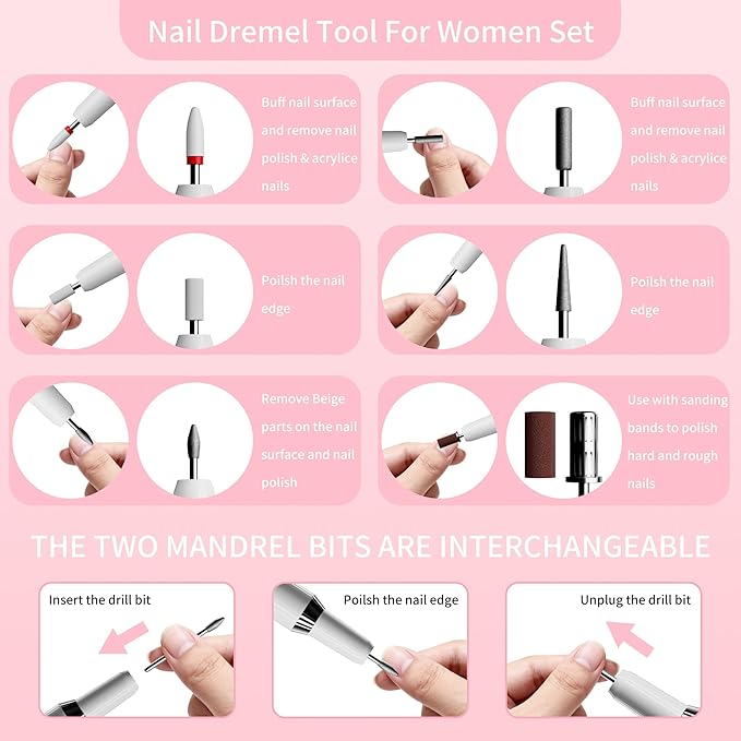 Nail Drill Kit,Nail File Cordless Nail Drill Machine for Gel Powder Nails,Professional Portable Manicure Pedicure Rechargeable Lightweight for Home Salon Use