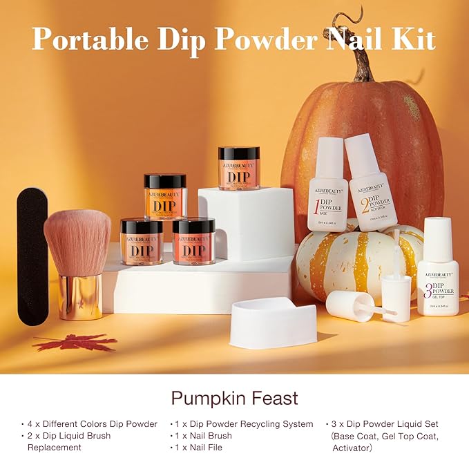 AZUREBEAUTY Dip Powder Nail Kit Starter, Orange Brown Glitter, 4 Fall Pumpkin Maple Dark Colors Set, French Halloween Nail Art Base Top Coat Activator Essential Liquid Manicure DIY Salon