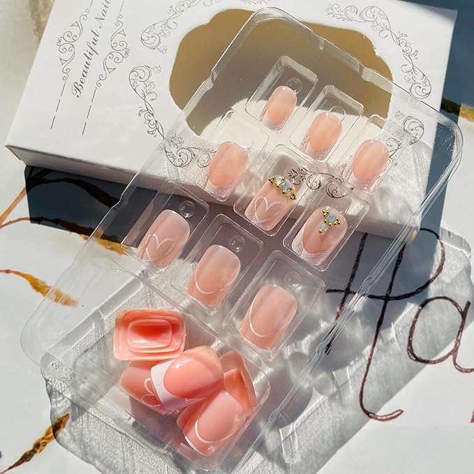 24Pcs Valentines Day French Tip Press on Nails Short Square Heart Fake Nails with Rhinestones Designs Glossy Nude Pink Stick on Nails White Heart Glue on Nails Valentines False Nails for Women Girls