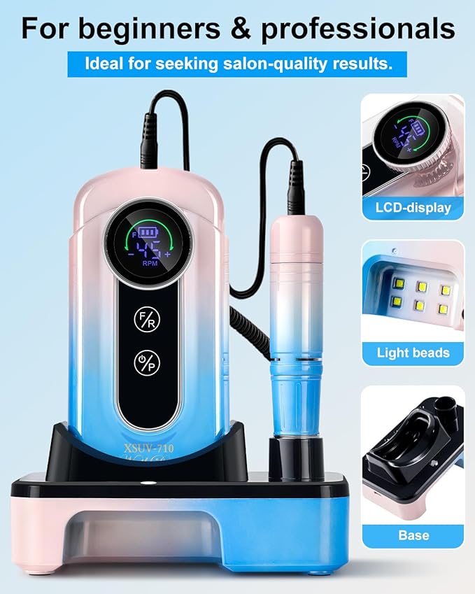 Professional Electric Nail Drill Kits 45000RPM Gradient Blue Portable Cordless 3-in-1 Nail File Machine with Rechargeable Stand and Nail Lamp for Acrylic Gel Polish Removing Home & Salon Use