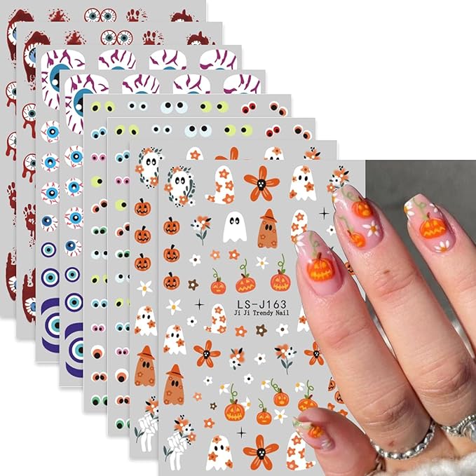 8 Sheets Halloween Nail Art Stickers Decals Evil Eye Nails Stickers Cute Ghost Pumpkin Nails Decal Self-Adhesive Blood Drop Nails Art Decals for Women Halloween Decor