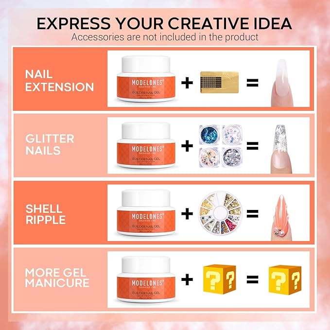 Modelones Builder Nail Gel Kit - Clear Extension Kit Hard Gel for Nails 2oz Strengthen Acrylic Manicure Art Set with 100PCS Dual Forms and Dual-use Acrylic Brush Professional DIY at Home