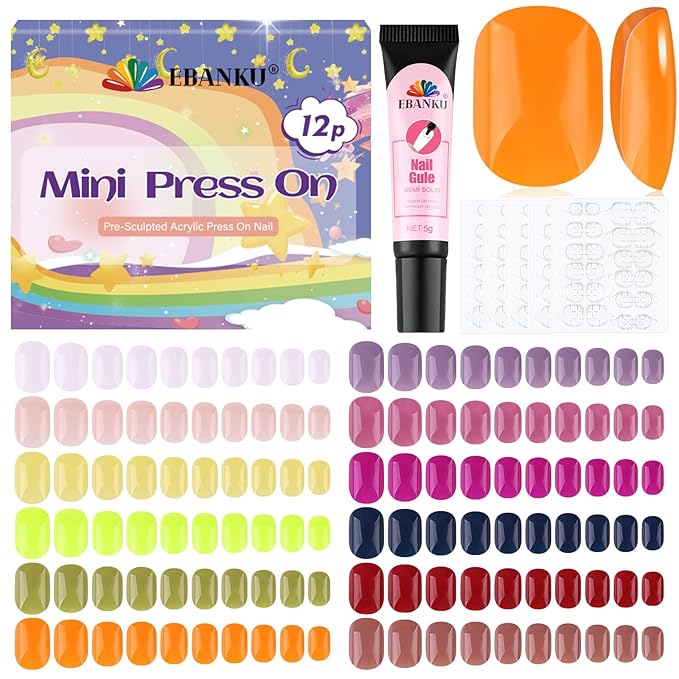 EBANKU 12 Pack Press on Nail, 288 Pieces Kids Short Glossy False Nails Short Full Cover Fake Nails for Girls with Nail Glue