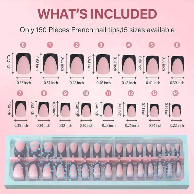 Vansiho Pink Deep French Gel Nail Tips, 150Pcs Short Square Soft Gel Nail Tips Black, French Tips Press on Nails, Fake Nails for Nail Art DIY 15 Sizes