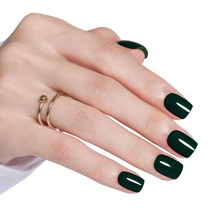 Modelones Extra Short Press on Nails, Dark Green Squoval Fake Nails, Reusable Nail Kit with Nail Glue Adhesive Tabs Mini Nail File, Nails Press Ons 32Pcs 16 Sizes, Women Girl Gift