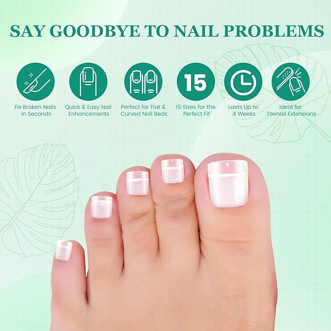Square Toe Nail Tips - Full Cover for Wide Long Nail Beds, Matte Pre-shaped Fake Toenails Gel Press on Nails Extensions Home DIY Nail Salon, 15Sizes 300PCS