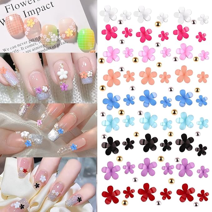 Flower Nail Charms Nail Art Kit with 30 Sheets Flower Nail Stickers 12 Boxes Colorful Flower with Rhinestone Nail Supplies 3D Nail Charms,Flower Nail Decals for Women Acrylic DIY Nail Art Decoration