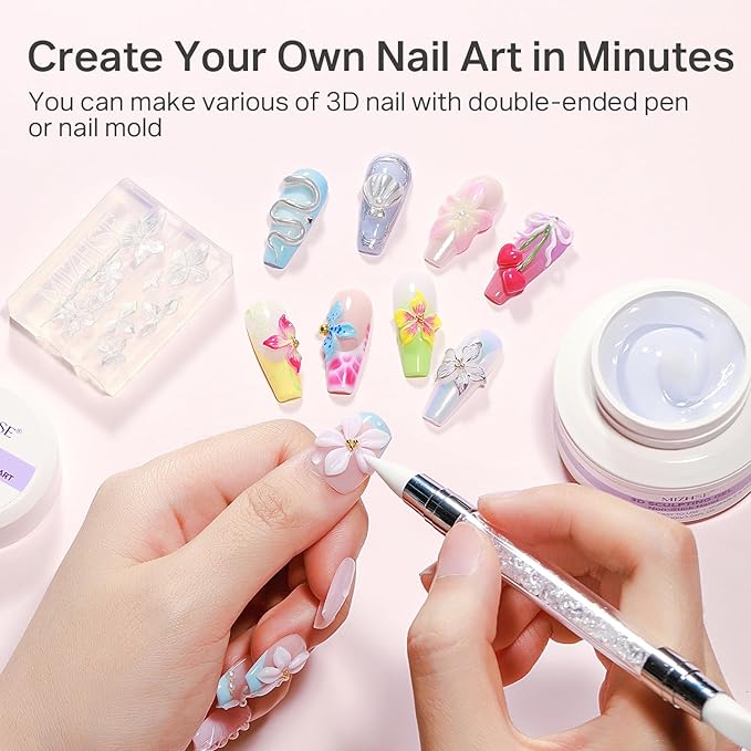 MIZHSE White 3D Gel Nail Art 30g Sculpting Gel Non-Sticky Molding Gels Solid U V LED Soak Off Gels Polish with 3D Flower Charm Nail Molds for Nails and Silicone Pen for Nail Design