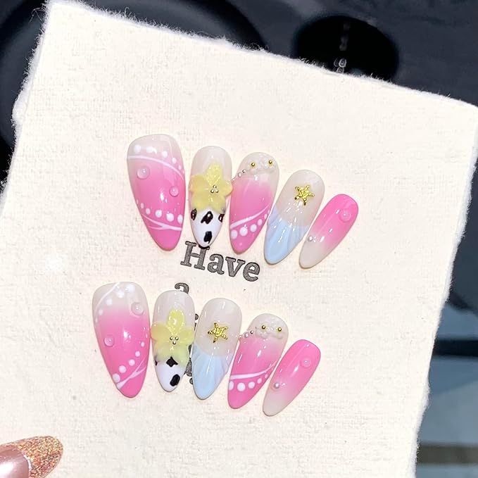 3D handmade Gel nails press on false nails Almond hand-painted gentle elegant pink light blue yellow flower acrylic Reusable fake nails designed kit,10 Nails, Size S #189