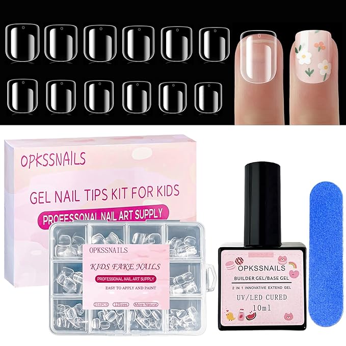 Extra Short Square Kid Nail Tips Kit For Girl, 216Pcs Pre Etched Clear Press On Nails For Kids,Full Cover False Nail with 3 in 1 Nail Glue, Fake Nails Extension Set for Home DIY 12size