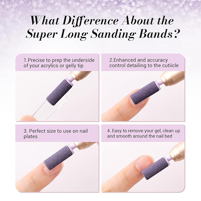 MelodySusie 50 Pcs Nail Drill Bits Super Long Sanding Bands with 6.65mm Crystal Mandrel Bit, 240 Extreme Fine Grit Nail File for Acrylic Nails Gel Manicures and Pedicure, Purple