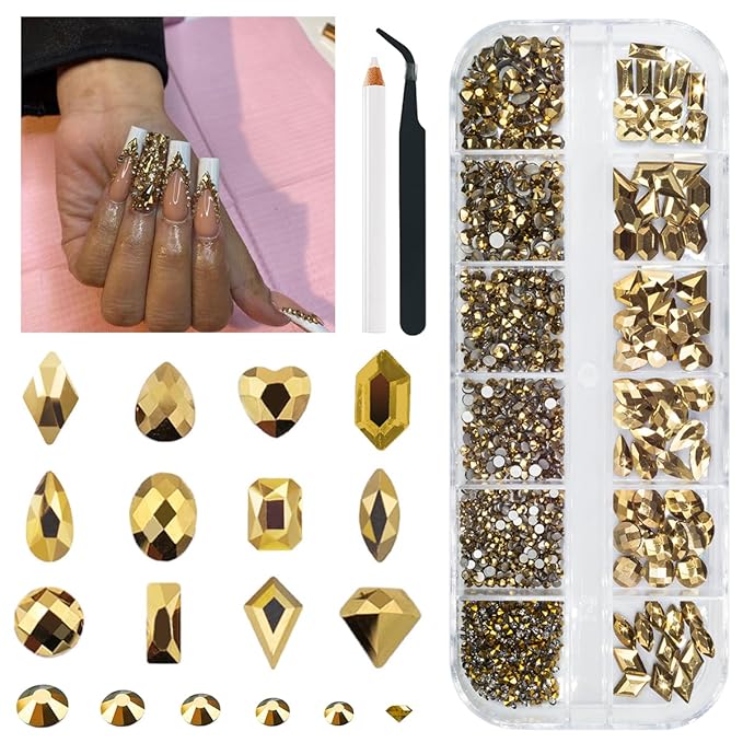 2052Pcs Mine Gold Nail Rhinestones 72 Multi Shapes Flatback metallic golden Rhinestones Gems +1980 Round Beads K9 Glass Nail Stones Diamonds Nail Art Supplies for Nails Faces Eyes Makeup Crafts
