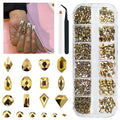 2052Pcs Mine Gold Nail Rhinestones 72 Multi Shapes Flatback metallic golden Rhinestones Gems +1980 Round Beads K9 Glass Nail Stones Diamonds Nail Art Supplies for Nails Faces Eyes Makeup Crafts
