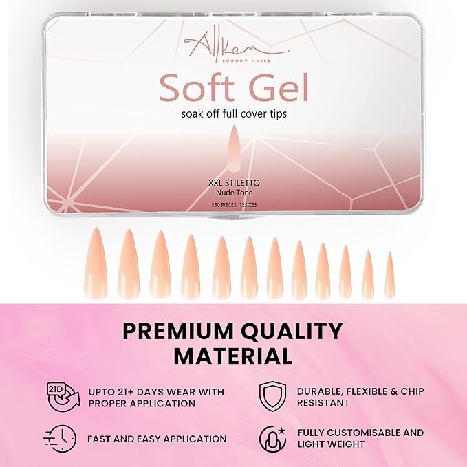 Allkem Soft Gel Nail Tips - 360 pcs XXL Stiletto Nail Extensions Kit - 12 Sizes Extra Extra Long Full Cover Nails - Nude (360 Pieces)