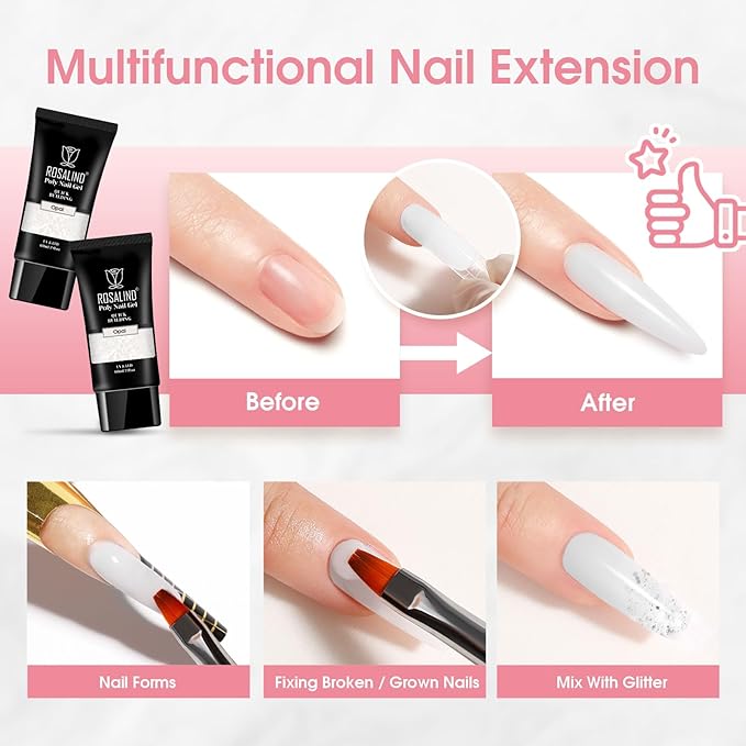 ROSALIND White Poly Extension Gel, 2 PCS 2 oz White Poly Nail Gel kit Nail Builder for Opal Nail Art Decoration, Nail Thickening Poly Nail Gel Tube Easy to DIY Use Need UV Lamp