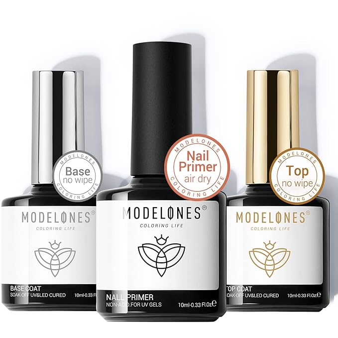 modelones Base Top Coat Gel Polish with Nail Primer, 3 Pcs No Wipe Clear Base and Top Coat Nail Bonder Primer Set for Nails Super Shiny Long Lasting Home DIY Manicure Gift for Women