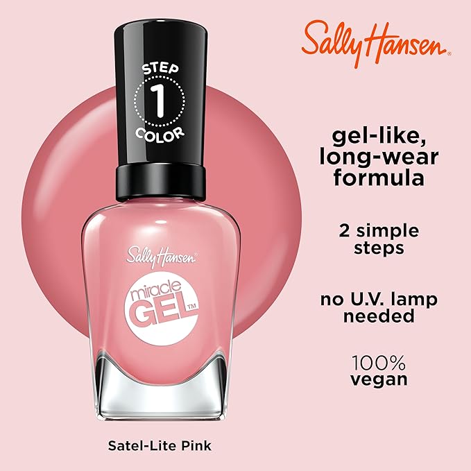 Sally Hansen Miracle Gel Salon Quality Nail Polish | Gel-Like Formula, Two-Step System, No UV Light Needed, Long Lasting | Semi-Opaque, Glossy | 245 Satel-Lite Pink | Iridescent Pink Nail Color