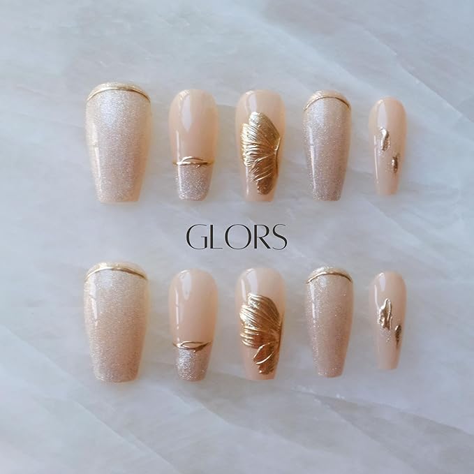Press On Nails, Long Ballerina Style, Nude Pink with Gold Accents, 10 Pieces (XS,LB)