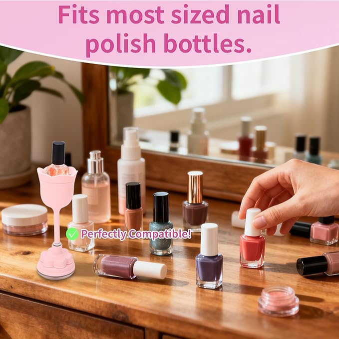 Nail Polish Bottle Holder, Rose-Shaped with 360° Rotating Stem, Tilted for No-Spill, Strong Suction Cup, All-Bottle Fit (Pink)