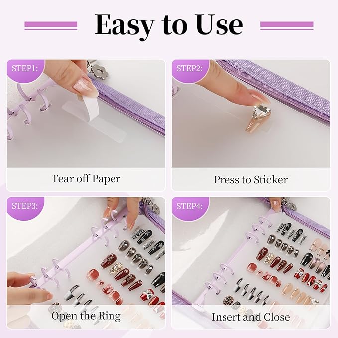 Press on Nail Organizer Binder Book, 8 A5-Sized Insert Pages & Double Sized Tape, Press on Nails Display Storage Book, Reusable Fake Nail Swatch Collecting Book (Purple)