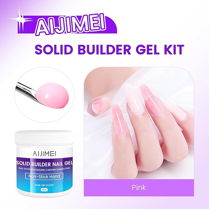 AIJIMEI 3.34oz Nail Builder Gel Kit 100g Solid BuilderGel for Nails Extension Gel with Nail Art Tools No Stick Hand (Pink)
