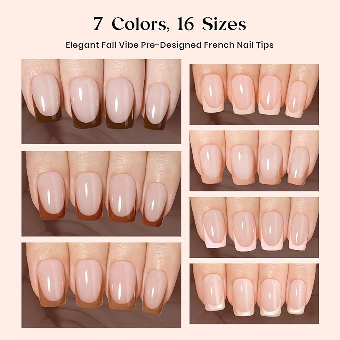 Beetles French Tip Press On Nails - Mocca Mousse French | 7 Colors Short Square Press On Nails Brown | 16 Sizes 224 Pcs Natural Salon Quality For Winter Nails
