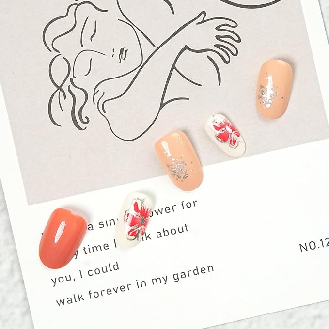 short round press on nails orange - floral acrylic fake nails salon quality reusable tips for women, perfect DIY manicure at home, 24 Nails in 12 Sizes