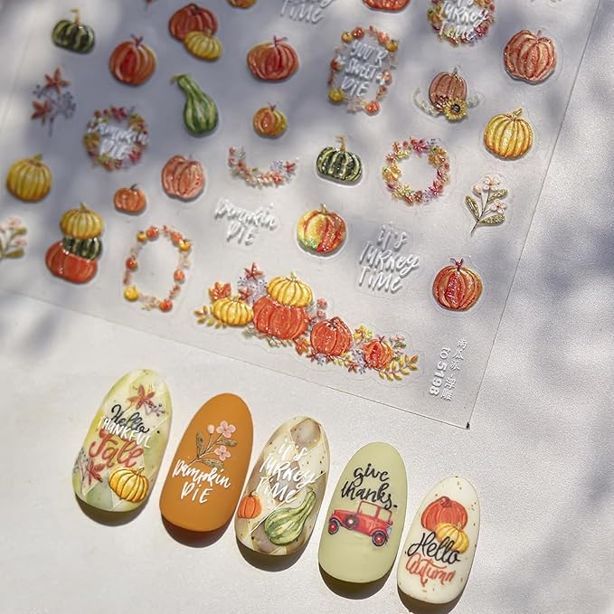 Pumpkin Nail Stickers Fall 3D Self-Adhesive Garland Nail Art Stickers Flower Nail Decals 5D Embossed Green Pumpkin Nails Designs Thanksgiving Nail Sticker for Women Girls Manicure 1 Sheet