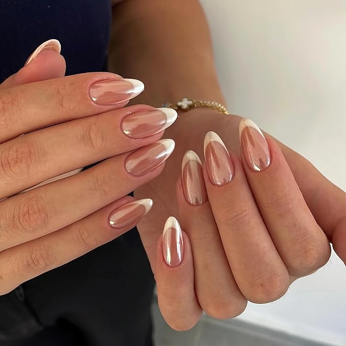 Pearlescent Press on Nails Medium, Glazed Nude with White French Fake Nails Almond Chrome Acrylic Press Ons for Women, Natural Fit Full Cover Glue on Nails in 15 Sizes - 30 Pieces Nail Kit