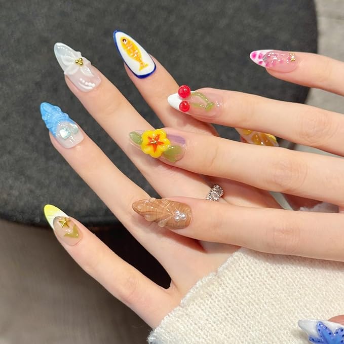 3D handmade nails press on false nails,Thick Strong Waterprooft almond hand-painted fish starfish flower orange cherry pearl acrylic fake nails designed kit,10 Nails, Size L #2914