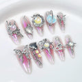 Handmade Press on Nails Long Luxury Reusable Almond Fake Nails with Metallic Butterfly Design 3D Luxury Pink Ombre Acrylic Nails Press Ons Y2k False Nails for Women DIY 10Pcs(Size M)