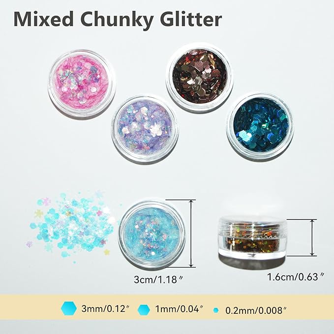 Holographic Chunky & Fine Glitter Mix (24 Colors) – Multi-Shapes Iridescent Sequins for Resin Art, Nail Art, Face Body Hair, Slime Tumbler, DIY Crafts, Party Christmas Decorations