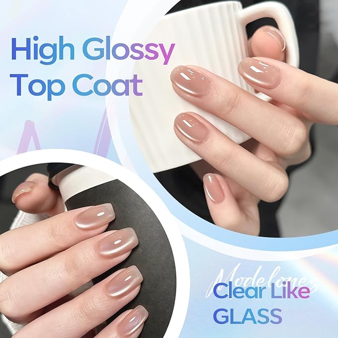 modelones Gel Top Coat, 15ml No Wipe Gel Nail Polish High Gloss Top Coat Shiny Long Lasting Clear Top for Acrylic Nails, Need U V/LED Lamp for Home DIY Gift Winter Valentine's Manicure Salon