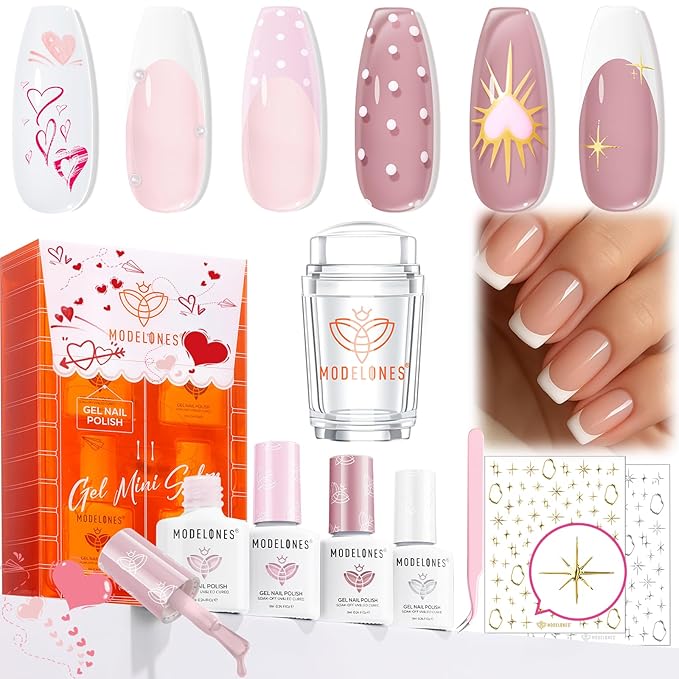 Modelones French Manicure Kit, French Tip Gel Nail Polish Set with French Tip Nail Stamp and Silver Gold Stickers Jelly Nude White Pink Sheer 4 Colors, Valentine Day New Year Nail Art Tool Gift