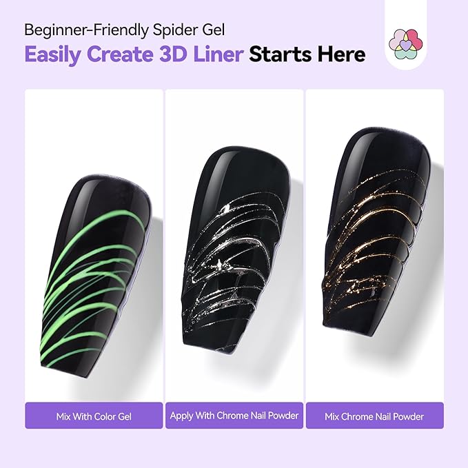 SAVILAND 3D Spider Gel for Nail Art: No Wipe Clear Elastic Spider Gel with Metallic Silver Gold Chrome Powder for 3D Liner Nail Art Sculpture Design Home DIY Salon Manicure