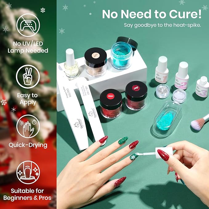 Beetles Christmas Dip Powder Nail Kit, Winter Colors Red Green Glitter Golden Dipping Powder with Liquid Set and Tools for French Nail Art, Easy DIY Home Manicure Salon Merry Sparkle Collection
