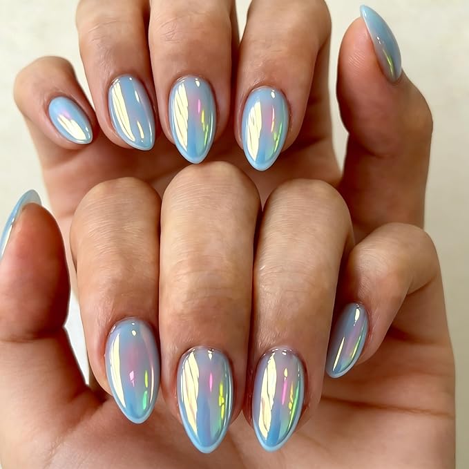 Chrome Dusty Blue Press on Nails Short Almond, Glazed Cute Fake Nails with Sparkle Mirror Design, Shiny Glitter Glue on Nails Stiletto, Gel Nail Press ons with Glue for Fingernail 30 Pcs
