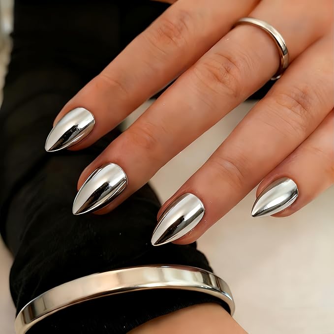 Chrome Press on Nails Short Almond, Metallic Sliver Fake Nails with a Sparkle Mirror Finish, Glitter Glue on Nails for Women Birthday Party, Thick Quality Soft Gel Nail Press ons 30 Pcs