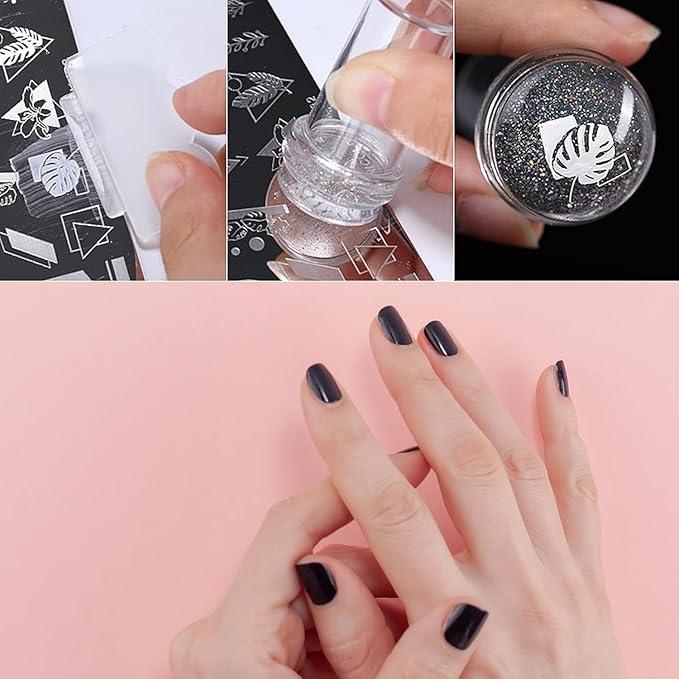 French Tip Nail Stamp Clear Silicone French Tip Tool French Tip Stamp French Manicure Kit French Nail Art Stamper Kit with Scrapers and Nail Art Brushes for French Manicure Home DIY Salon 5 Pcs