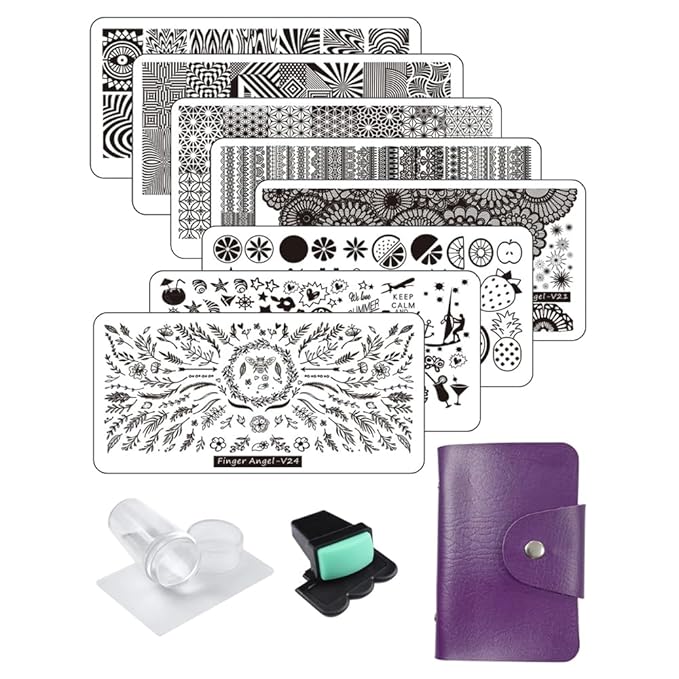 8pcs Nail Stamp Plates + Nail Stamper with Scraper+ 1 Pcs storage bag Nails Art Stamping Plate Scraper Stamper Set Leaves Flowers Animal Template Image (V17-24)