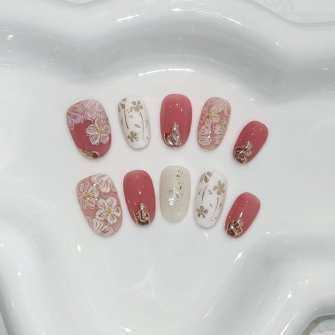 Short Oval Press on Nails,Peach Yogurt Base Glue on Nails,Hand-Painted Cloisonné Florals False Nails Press ons,Artisan Chinese Style Fake Nails Kit,Enamel Wire Inlay Nail Art Tools 10pcs(L)
