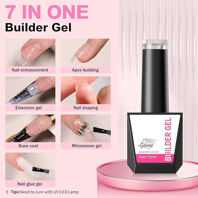Builder Gel for Nails, 15ml 7 in 1 Builder Gel Nail Polish, LED Lamp Cured for Clear Rubber Base & Strengthener Extensions, Thickening, Repair, Salon-Quality DIY Manicure (Pink)