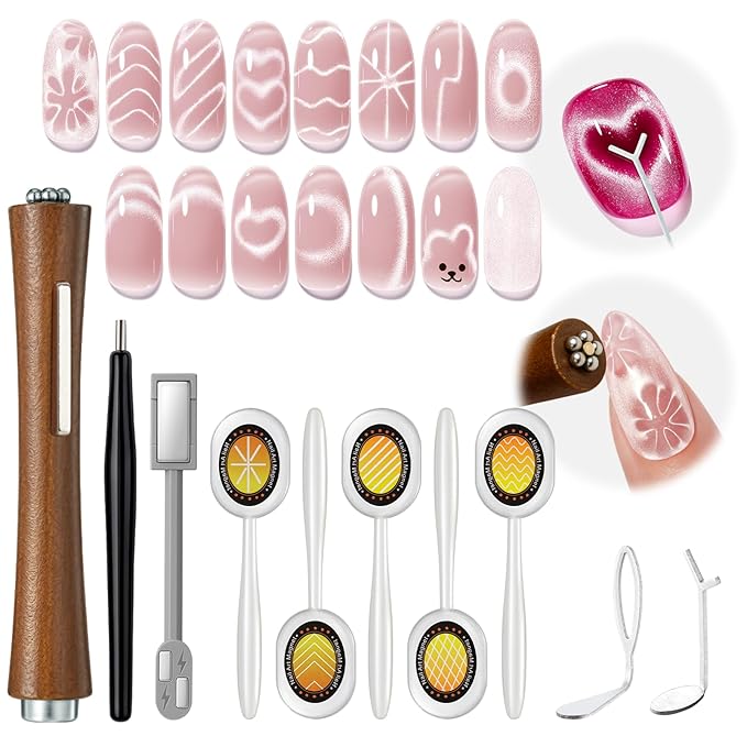 modelones Cat Eye Magnet for Nails, CatEye Magnet Tools Heart&Hole Square Powerful 3-in-1 Magnetic Pen Double Head Lollipop Magnet for Gel Polish Heart French Moon Floral Effect Valentine's 10PCS