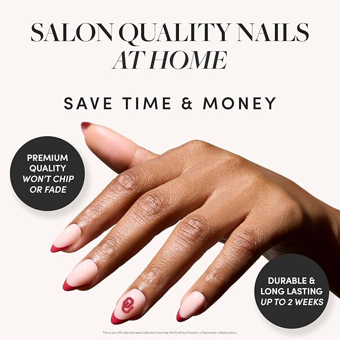 Glamnetic x Fanatics Press On Nails - Oklahoma Sooners | Short Almond Fake Nails, Collegiate Sooners Red French Tips, College Nails, Salon-Quality | 15 Sizes - 30 Nail Kit with Glue