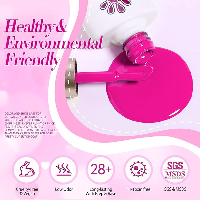 Born Pretty Neon Hot Pink Valentine's Day Gel Nail Polish,Natural Soft Light to Dark Glitter Sparkle Gel Polish Soak Off U v LED Nail Art Manicue Kit DIY at Home or Manicure Salon 6PCS
