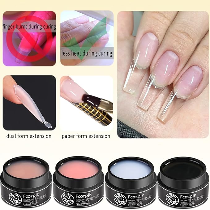 Builder Gel for Nails, 4 Colors Thickening Builder Nail Gel Clear Milky White Nude Pink Nail Strengthener Gels Kit with Brush Pen Soak Off UV Polish Nail Extension Manicure Supplies